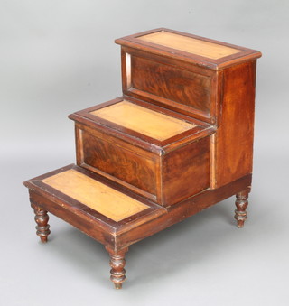 A 19th Century mahogany stepped commode converted for use as 3 tread library steps with inset brown leather panels, raised on turned supports 68cm h x 52.5cm w x 88cm d 