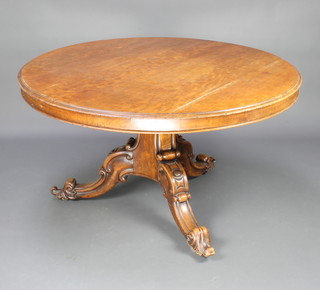 A circular Victorian mahogany snap top breakfast table raised on a chamfered column and carved tripod base 74cm h x 136cm diam. complete with bolts 
