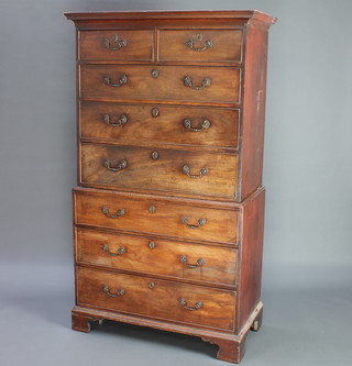 A Georgian mahogany chest on chest, the upper section with moulded cornice fitted 2 short drawers above 3 long drawers, the base fitted 3 long drawers, raised on bracket feet 176cm h x 102cm w x 51cm d 