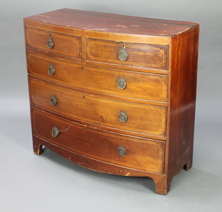 A 19th Century mahogany bow front chest inlaid satinwood ebony stringings, fitted 2 short and 3 long drawers raised on bracket feet 94cm h x 100cm w x 48cm d 