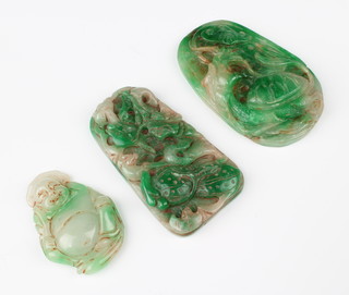 A jadeite carving of leaves 8cm, a do. of a deity 5cm and another of fruits 8cm 