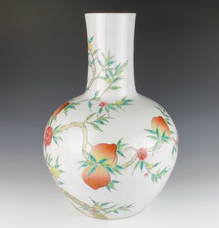 A Chinese Antique style bulbous vase and cover with narrow neck, decorated with fruits and flowers with a red 6 character mark to base 53cm 