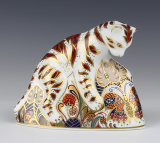 A Royal Crown Derby Imari pattern paperweight in the form of a bengal tiger cub with silver stopper 12cm 