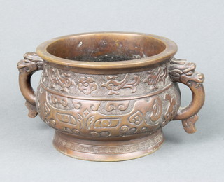 A 19th Century Chinese bronze archaistic bulbous censer with dragon handles 15.5cm  
