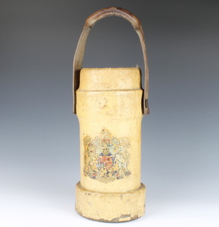 A 19th Century circular leather and canvas cordite carrier decorated the Royal Arms 34cm x 13cm 