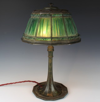 TIFFANY.   A Tiffany Studios bronze table lamp, the green linen fold glass and bronze shade stamped  "Tiffany Studios New York 1937, pat appl'd for", the bronze base with narrow stem stamped "Tiffany Studios New York 612" 40cm high, the shade 24cm x 12cm 