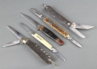 A small dagger with 7cm blade stamped William Rodgers, a multi bladed knife stamped G Butler & Co, a 2 bladed knife stamped  Needham Brothers, 2 pocket knives stamped Wards and Wade & Butcher 