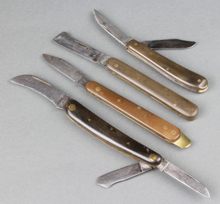 4 pruning/budding/grafting knives including a 3 bladed knife stamped Hugo Linder Solingen, a S Kunde & Son Dresden 30A10 and a Pfenninger Uetikon 