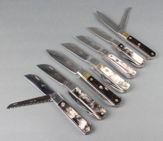 7 French multi blade knives, all stamped with brace and VILEBREQUIN, each knife has a horn handle and a different combination of blades or size (these knives came from a factory which closed down in 1926 and are in new and unused condition)  together with a section of original box 