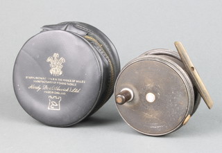 A Hardy Perfect 8 1/2 cm wide drum salmon fishing reel with nickel silver revolving line guard and smooth brass foot, circa 1926 