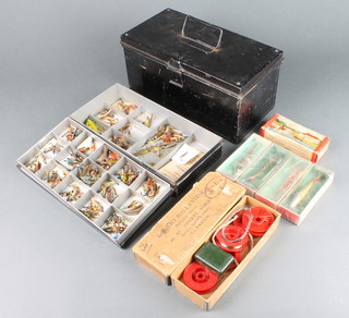 A vintage Farlows of London rectangular metal tackle box with a lift out fly box containing approx. 100 fully dressed salmon flies together with a collection of various lures 
