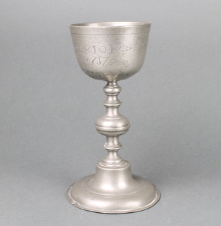 A 17th/18th Century pewter chalice the bowl marked Rior 77, 18.5cm h x 8.5cm diam.  