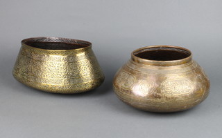 A circular waisted Benares brass bowl with script decoration 12cm x 25cm and an oval brass do. 13cm x 28cm x 17cm 