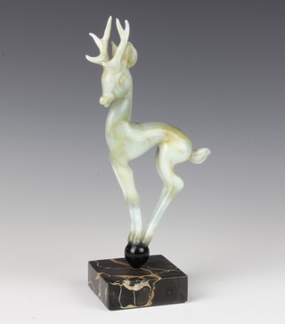 An Art Deco green glass Sabino style figure of a deer raised on a black marble socle 22cm 