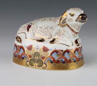 A Royal Crown Derby Imari pattern paperweight in the form of a water buffalo with gold stopper 12cm, boxed 