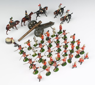 A collection of lead soldiers including 3 mounted blues and royals (2f), 2 mounted lancers (1f), 14 highlanders, an 11 piece band (base drummer f), 9 infantryman (officer f) and 3 naval ratings,together with a model field gun contained in a Huntley and Palmer biscuit tin 