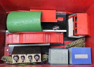 A Hornby Dublo transformer boxed, do. controller boxed and various rails together with a painted wooden station 
