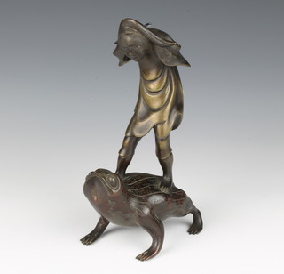 A Japanese bronze figure of a lady standing on a toads back 20cm x 10cm x 8cm 