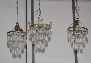 A pair of circular 3 tier drop lustre light fittings 24cm x 19cm together with 1 other 29cm x 20cm (some lustres missing) 