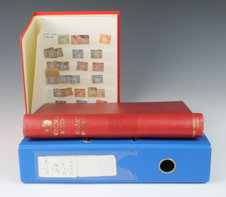 A red stock book of used GB stamps including some penny reds, a Windsor album of Elizabeth II GB gutter pairs together with a blue album of used GB and Ireland stamps 