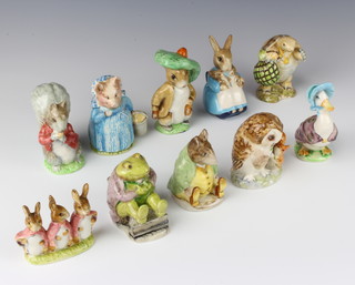 A collection of Beswick Beatrix Potter figures - Mr Alderman Ptolemy 9cm, Mr Jackson 7cm, Jemima Puddle Duck 11cm, Samual Whiskers 8.5cm, Old Mr Brown 9cm, Mrs Rabbit and Bunnies 10cm, Aunt Pettitoes 10cm, Timmy Tiptoes 9cm, Flopsy, Mopsy and Cottontail 7cm and Benjamin Bunny 10cm  