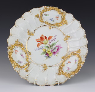 A Meissen dish with gilt decoration and panels of spring flowers 29cm 