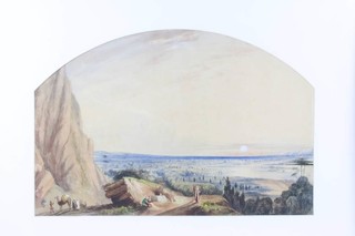 After John Varley, watercolour, extensive Middle Eastern scene with figures at sunset in arched mount 38cm x 56cm 
