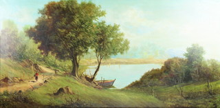 19th Century oil on canvas, unsigned, Continental lakeside scene with figure on a path 59cm x 119cm 