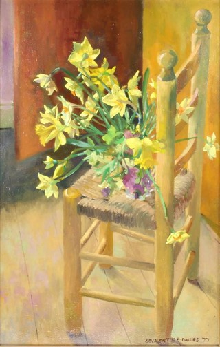 Sherree Valentine-Daines '77 (b1959), oil on canvas, signed and dated, interior study with flowers on a chair, 69cm x 44cm 