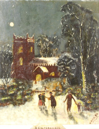 W Gill '94, oil on canvas, snowy winter scene with figures before a church, entitled "New Years Eve" 48cm x 38cm 
