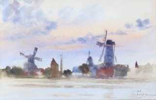 Herbert Marshall, watercolour, signed, study of windmills 16cm x 24cm 
