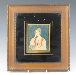 A 19th Century watercolour, naive portrait of a lady contained in a gilt ebonised slip 12cm x 9cm 