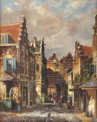 C Stuyen, oil on canvas, 18th Century style Dutch townscape with figures 49cm x 39cm 