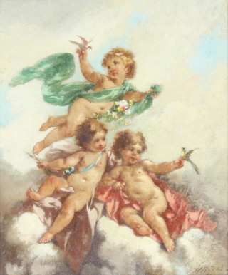 19th Century Continental oil on canvas, indistinctly signed, studies of cavorting cherubs 29cm x 24cm 