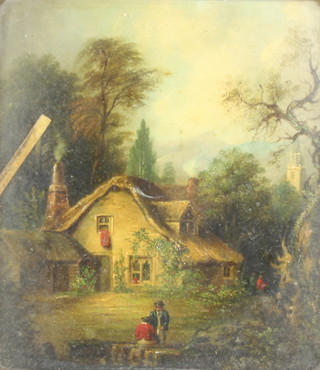 F W Watts, oil on board, a rural scene with figures before a cottage 28cm x 25cm 