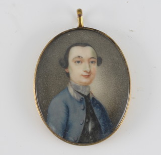 An 18th Century oval portrait miniature of a gentleman wearing a blue frock coat 45mm x 37mm 