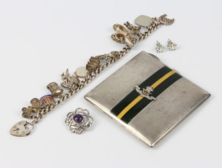 A silver and enamelled compact together with a ditto charm bracelet and brooch 170 grams 