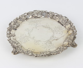 A Victorian silver salver with vinous rim and chased floral decoration, Sheffield 1838, 26.5cm, 592 grams 