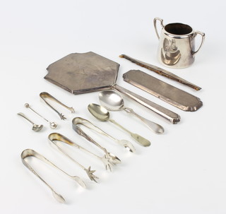 An Art Deco silver hand mirror, minor silver backed items and plated wares 