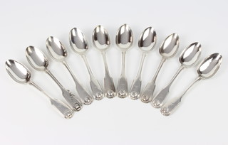 A matched set of 10 silver fiddle and shell dessert spoons, mixed dates maker William Easton 498 grams