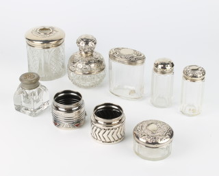 A silver mounted globular scent bottle London 1912 and 6 other silver mounted dressing table items and 2 plated do.  