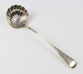 A George III silver ladle with shell bowl and chased armorial 30cm London 1798, maker Randall Chatterton  168 grams