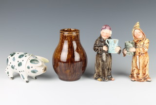 A Rye Pottery pig 13cm, a Rye brown glazed baluster vase 15cm and 2 Majolica figures of monks 