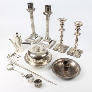 A silver plated muffin dish and minor plated items