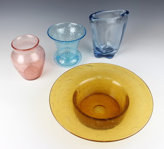 A Whitefriars blue glass vase 19cm, 2 others 14cm and 15cm and a bowl 30cm 