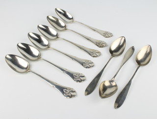 A set of 6 Danish silver dessert spoons, 3 Continental silver dessert spoons 310 grams 