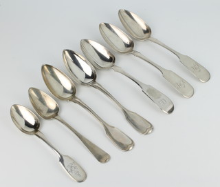Two Russian silver table spoons and 5 other Continental silver table spoons 430 grams 