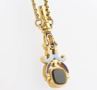 A 12ct yellow gold necklace with a yellow gold enamel and hardstone swivel watch key 