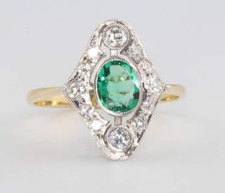An 18ct yellow gold Edwardian style emerald and diamond cluster ring, the centre stone approx. 0.6ct, size N 