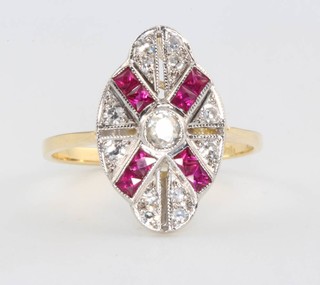 An 18ct yellow gold Art Deco style ruby and diamond cluster ring size O 
